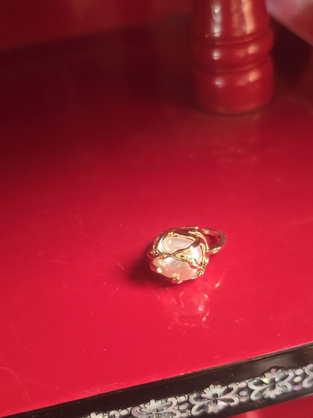 Modern Boho Gold Wire-Frame Moon Pearl Reg Or Pinkie Ring Adjustable Sz 8